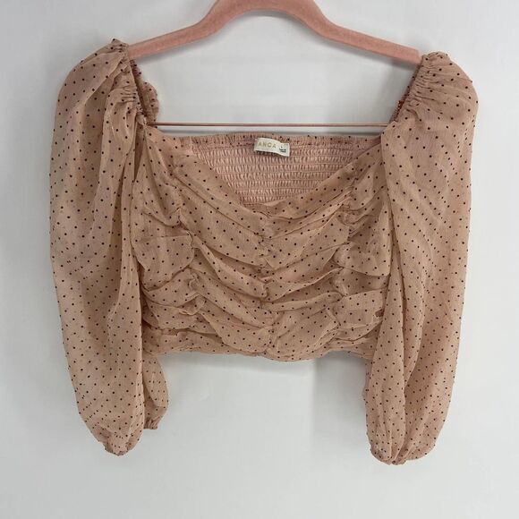 o. vianca Tops - O. Vianca cream black polka dot ruched smocked cropped top womens l